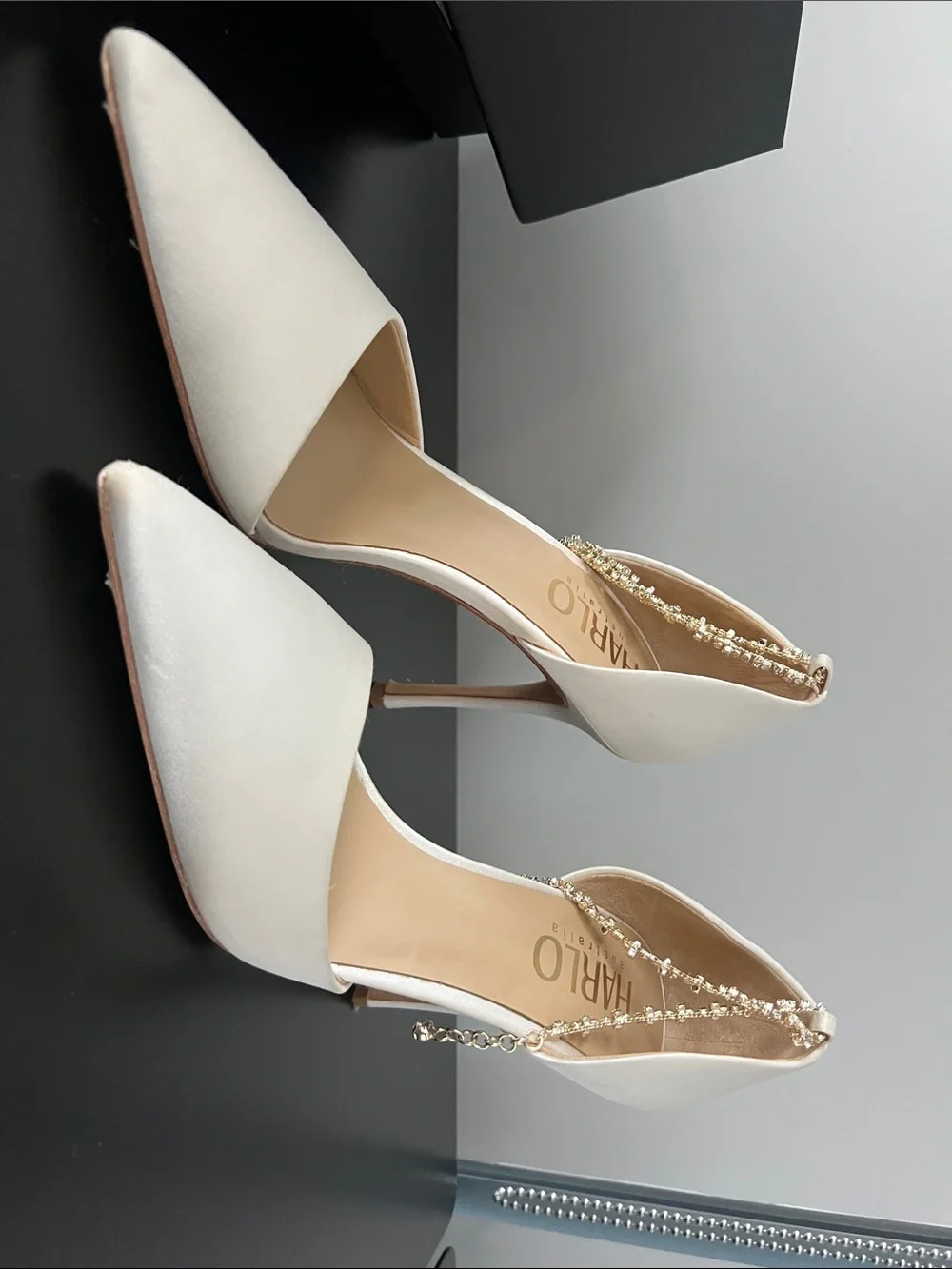Harlow White Pointed D'Orsay Heels with Crystal Strap